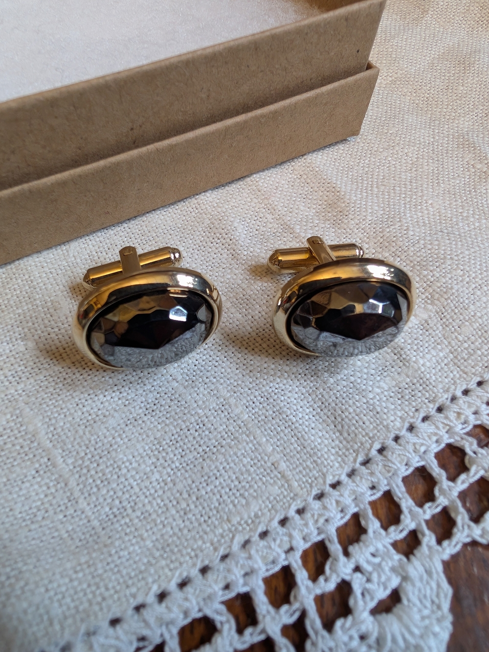Gold-Tone Men’s Cufflinks with Faceted Hematite Black Stone